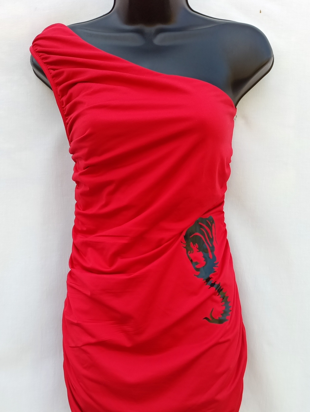 Classic Red Full Body Ruche One Shoulder Dress Upcycled W Bold Hip Graphic